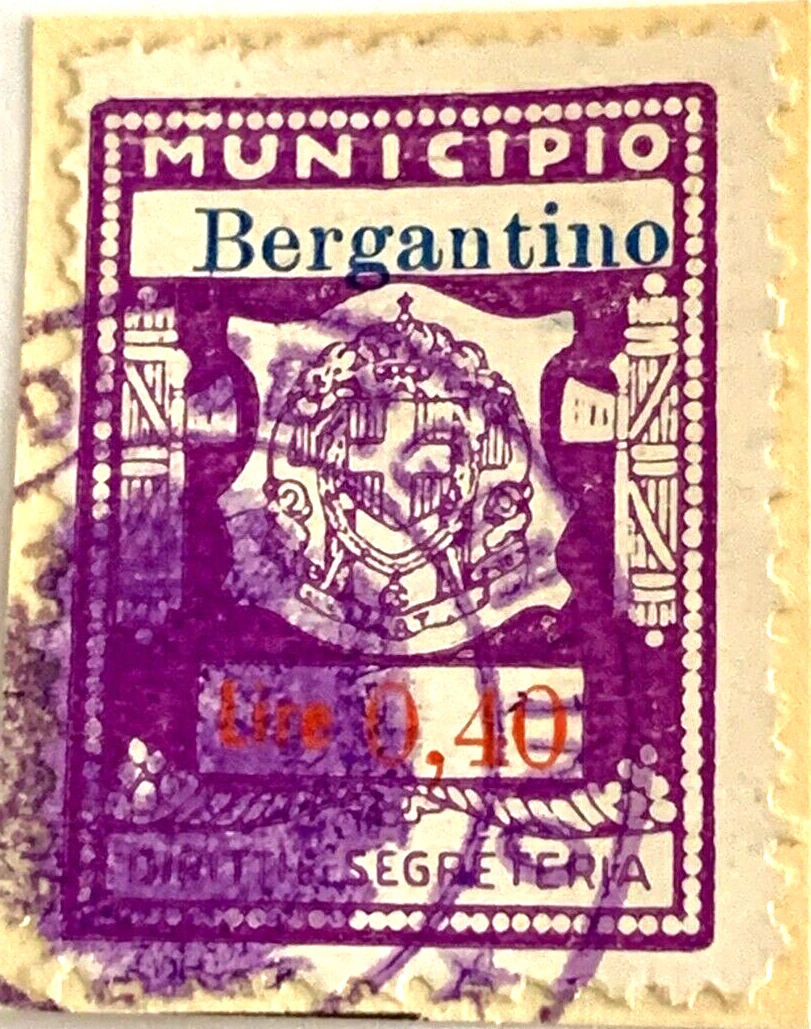 Marca da Bollo del Comune di BERGANTINO su Carta Bianca di dimensioni 24 x 29 mm