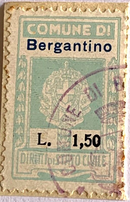 Marca da Bollo del Comune di BERGANTINO su Carta Bianca di dimensioni 23 X 30 mm