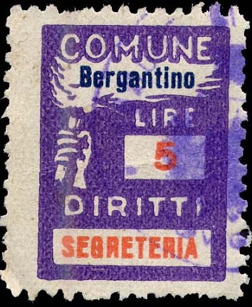 Marca da Bollo del Comune di BERGANTINO su Carta Bianca di dimensioni 18,5 x 25 mm