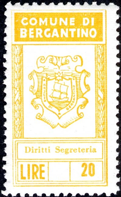 Marca da Bollo del Comune di BERGANTINO su Carta Bianca di dimensioni 22 x 40 mm