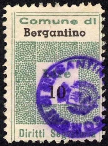 Marca da Bollo del Comune di BERGANTINO su Carta Bianca di dimensioni 19,5 x 28,5 mm