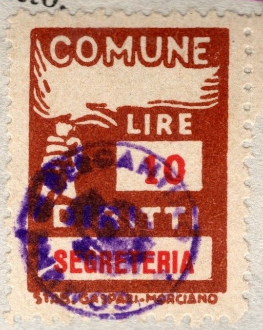 Marca da Bollo del Comune di BERGANTINO su Carta Bianca di dimensioni 18,5 x 25 mm