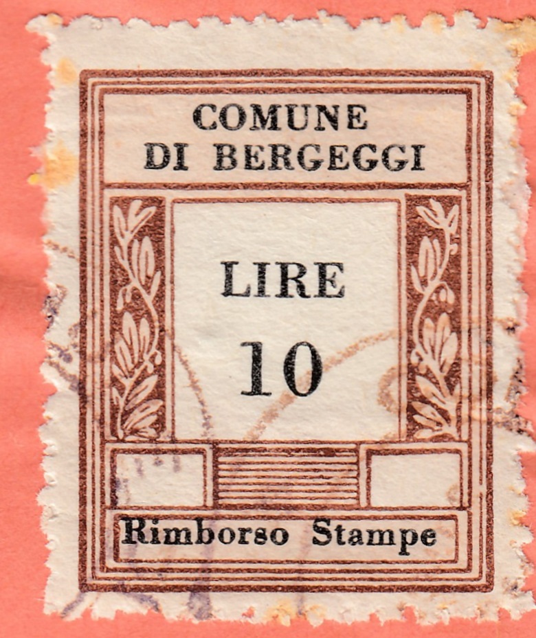 Marca da Bollo del Comune di BERGEGGI su Carta Bianca di dimensioni 23 x 29 mm