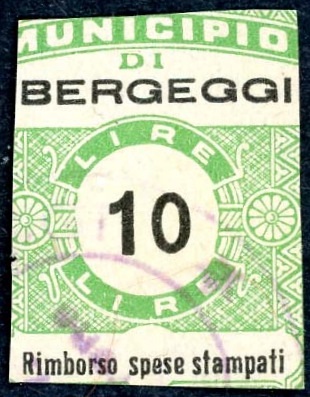 Marca da Bollo del Comune di BERGEGGI su Carta Bianca di dimensioni 23 X 33 mm