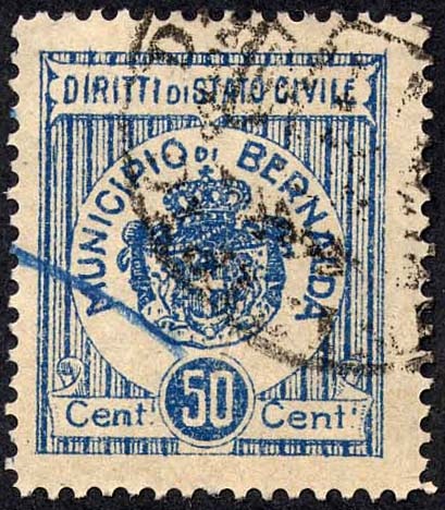 Marca da Bollo del Comune di BERNALDA su Carta Bianca di dimensioni 22 x 26 mm