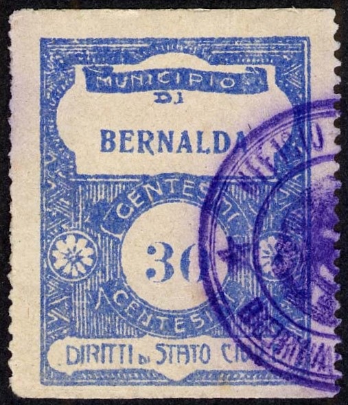 Marca da Bollo del Comune di BERNALDA su Carta Bianca Sottile di dimensioni 27 x 35 mm