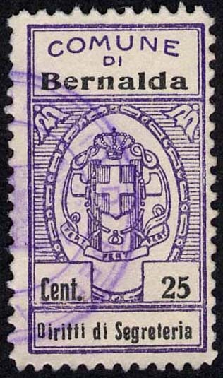 Marca da Bollo del Comune di BERNALDA su Carta Bianca di dimensioni 22 x 36 mm
