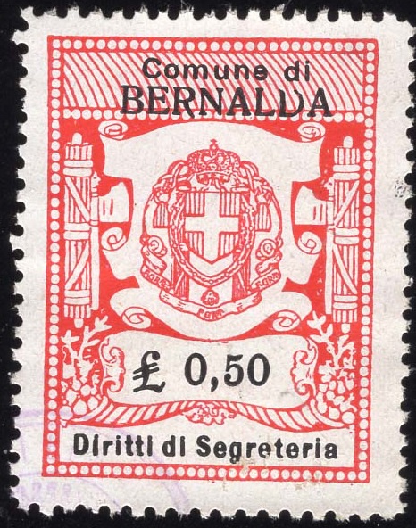 Marca da Bollo del Comune di BERNALDA su Carta Bianca di dimensioni 28 x 36a mm