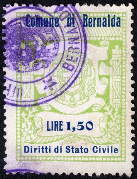 Marca da Bollo del Comune di BERNALDA su Carta Bianca di dimensioni 20 x 27 mm