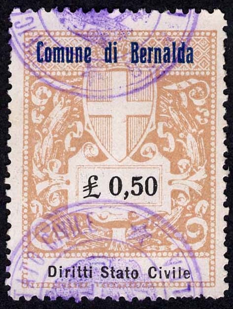 Marca da Bollo del Comune di BERNALDA su Carta Bianca di dimensioni 22,5 x 29 mm