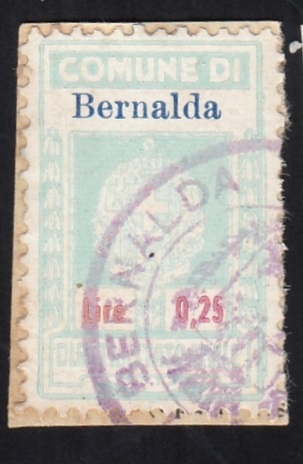 Marca da Bollo del Comune di BERNALDA su Carta Bianca di dimensioni 24 x 33 mm