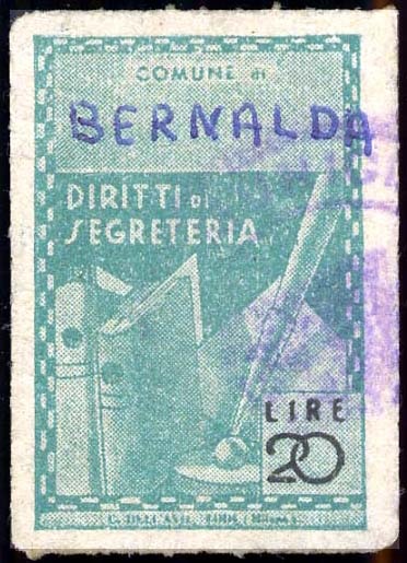 Marca da Bollo del Comune di BERNALDA su Carta Bianca Sottile di dimensioni 21 X 32 mm