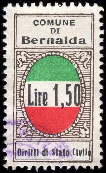 Marca da Bollo del Comune di BERNALDA su Carta Bianca di dimensioni 22 x 36 mm