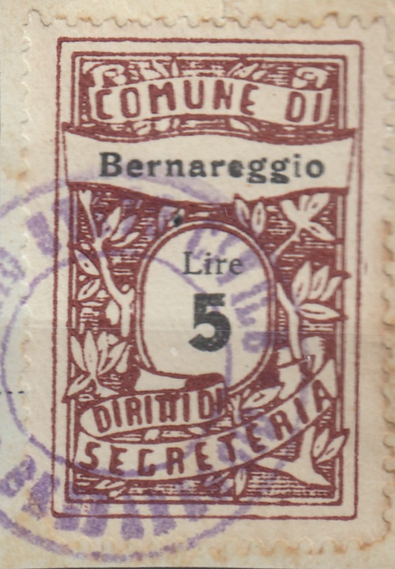 Marca da Bollo del Comune di BERNAREGGIO su Carta Bianca di dimensioni 22 x 34,5 mm