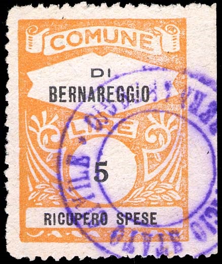 Marca da Bollo del Comune di BERNAREGGIO su Carta Bianca di dimensioni 22,5 x 29 mm
