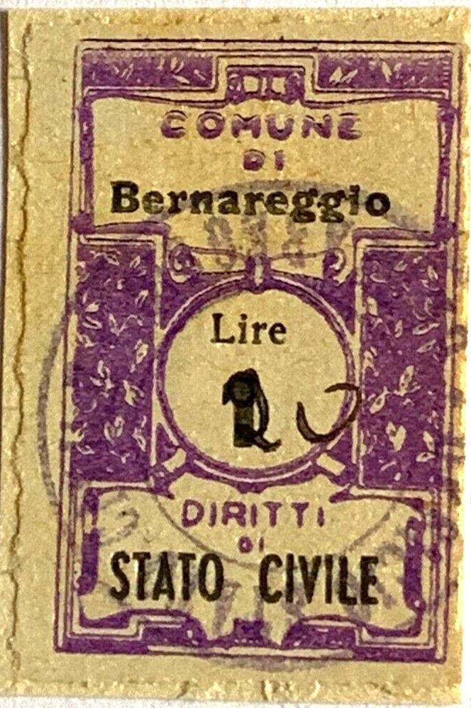 Marca da Bollo del Comune di BERNAREGGIO su Carta Bianca di dimensioni 22 x 35 mm
