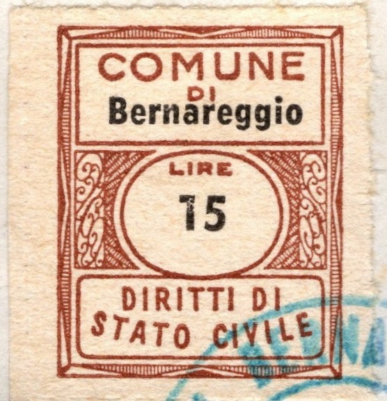 Marca da Bollo del Comune di BERNAREGGIO su Carta Bianca di dimensioni 22 x 22 mm