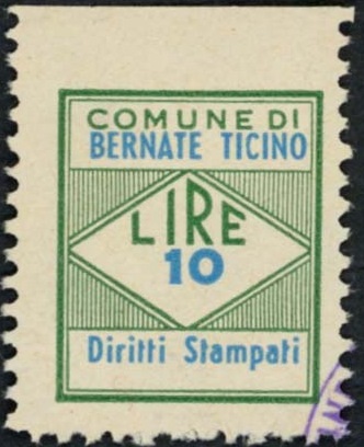 Marca da Bollo del Comune di BERNATE TICINO su Carta Bianca di dimensioni 11,5 x 20 mm