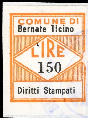 Marca da Bollo del Comune di BERNATE TICINO su Carta Bianca di dimensioni 11,5 x 20 mm