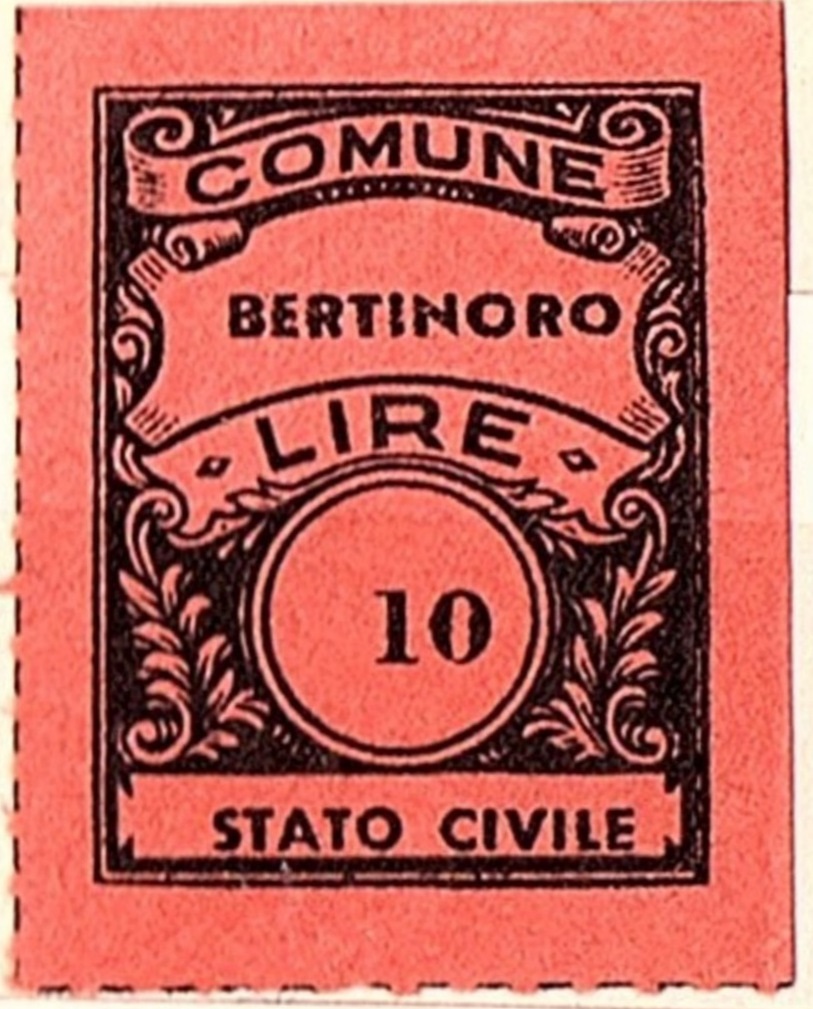 Marca da Bollo del Comune di BERTINORO su Carta Colorata di dimensioni 22 x 29,5 mm