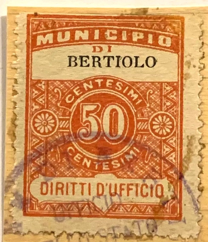 Marca da Bollo del Comune di BERTIOLO su Carta Bianca di dimensioni 21 x 29 mm