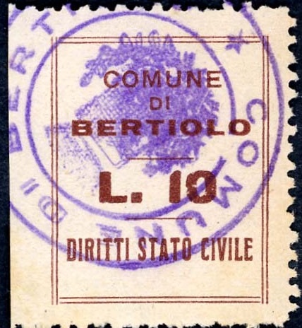Marca da Bollo del Comune di BERTIOLO su Carta Bianca di dimensioni 21,5 x 26,5 mm