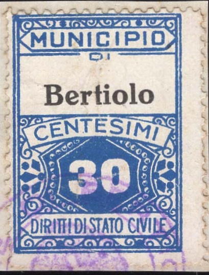 Marca da Bollo del Comune di BERTIOLO su Carta Bianca di dimensioni 22,5 x 29 mm