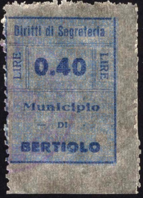 Marca da Bollo del Comune di BERTIOLO su Carta Bianca di dimensioni 23 x 29 mm