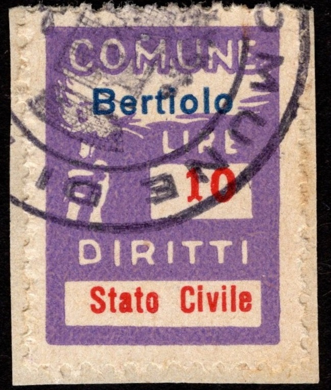 Marca da Bollo del Comune di BERTIOLO su Carta Bianca di dimensioni 16 x 24 mm