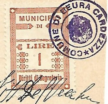 Marca da Bollo del Comune di BEURA CARDEZZA su Carta Bianca di dimensioni 22 x 29 mm