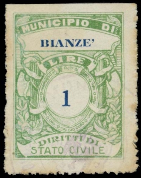 Marca da Bollo del Comune di BIANZE´ su Carta Bianca Sottile di dimensioni 25,5 x 34 mm