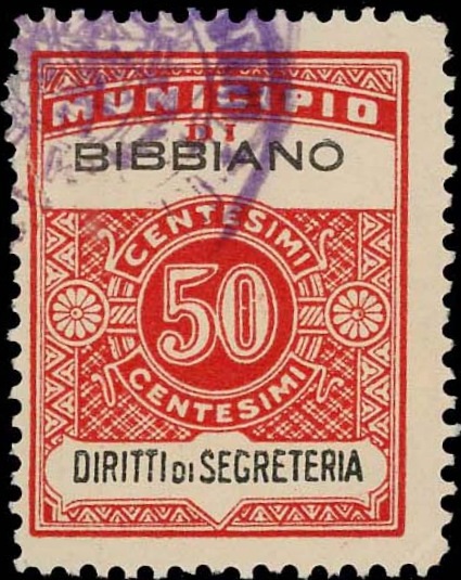 Marca da Bollo del Comune di BIBBIANO su Carta Bianca di dimensioni 22 x 29 mm