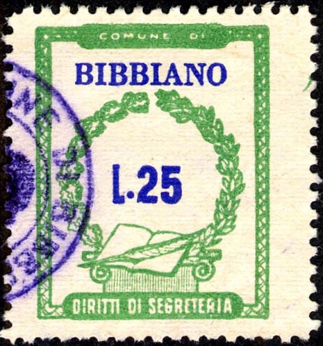 Marca da Bollo del Comune di BIBBIANO su Carta Bianca Sottile di dimensioni 20,5 x 26,5 mm