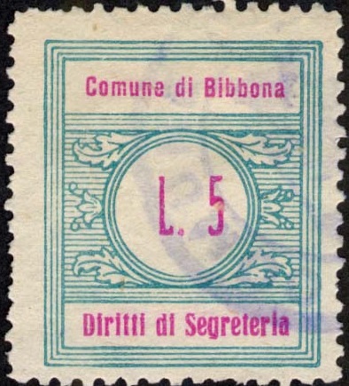 Marca da Bollo del Comune di BIBBONA su Carta Bianca di dimensioni 22 x 26 mm
