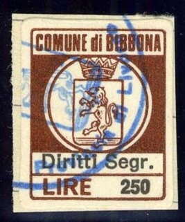 Marca da Bollo del Comune di BIBBONA su Carta Bianca di dimensioni 15,5 x 20 mm