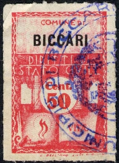 Marca da Bollo del Comune di BICCARI su Carta Bianca Sottile di dimensioni 21 x 28 mm