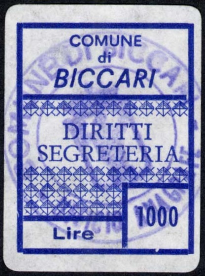 Marca da Bollo del Comune di BICCARI su Carta Bianca di dimensioni 24 x 31 mm