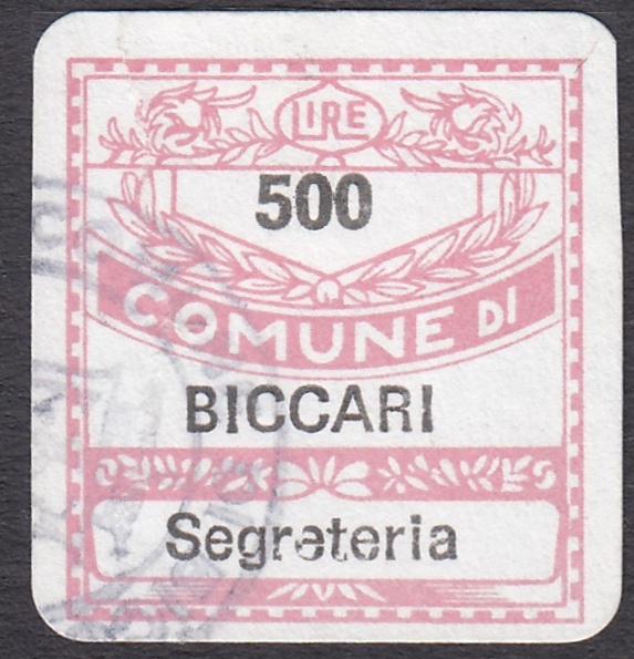 Marca da Bollo del Comune di BICCARI su Carta Bianca di dimensioni 19 x 21 mm