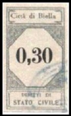 Marca da Bollo del Comune di BIELLA su Carta Bianca Sottile di dimensioni 24 x 43 mm