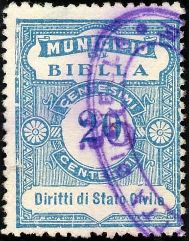 Marca da Bollo del Comune di BIELLA su Carta Bianca di dimensioni 23 X 30 mm