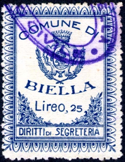 Marca da Bollo del Comune di BIELLA su Carta Bianca Sottile di dimensioni 27,5 x 36 mm