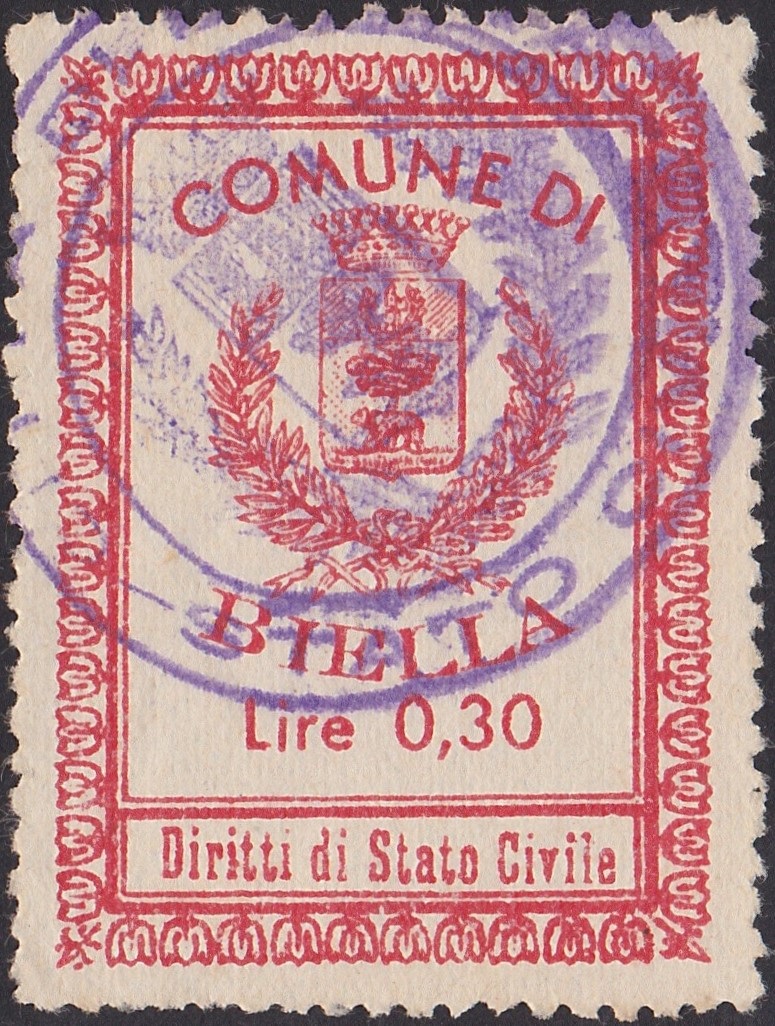 Marca da Bollo del Comune di BIELLA su Carta Bianca di dimensioni 26 x 35 mm