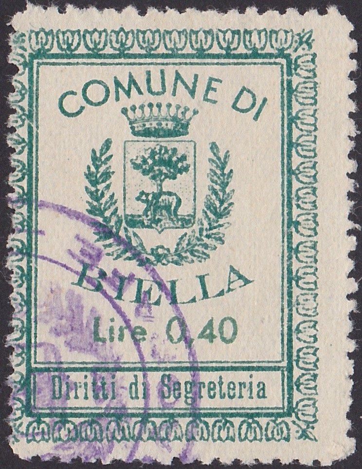 Marca da Bollo del Comune di BIELLA su Carta Bianca di dimensioni 28 x 36 mm