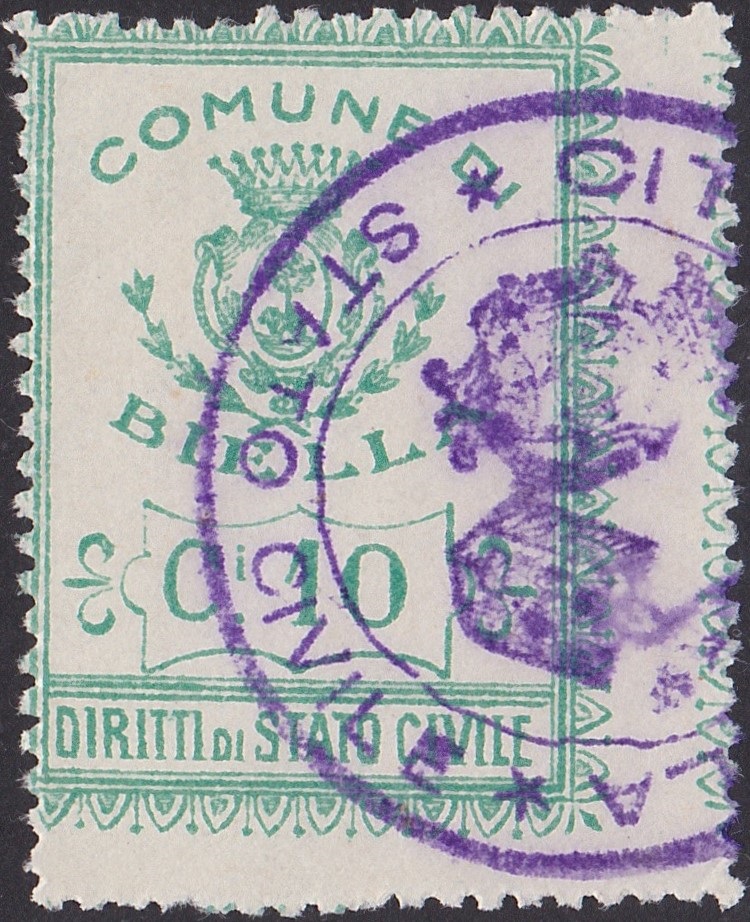 Marca da Bollo del Comune di BIELLA su Carta Bianca di dimensioni 27 x 35 mm