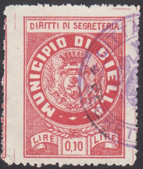 Marca da Bollo del Comune di BIELLA su Carta Bianca di dimensioni 25.5 x 35 mm