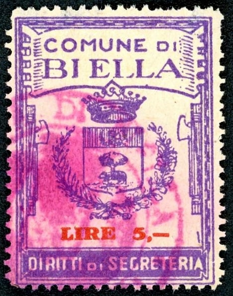 Marca da Bollo del Comune di BIELLA su Carta Bianca Sottile di dimensioni 28 x 36 mm