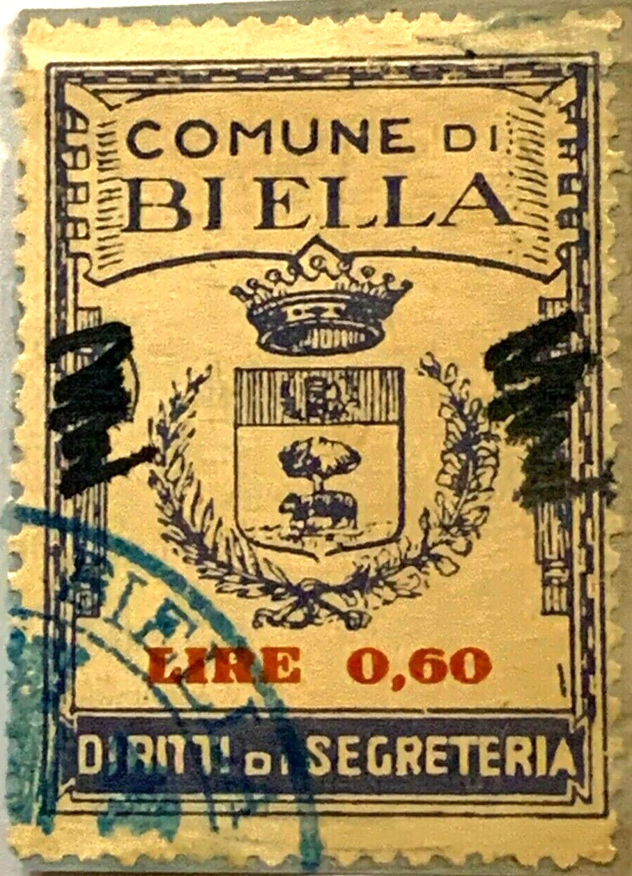 Marca da Bollo del Comune di BIELLA su Carta Bianca Sottile di dimensioni 28 x 36 mm