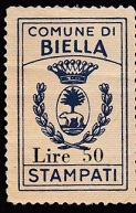 Marca da Bollo del Comune di BIELLA su Carta Bianca di dimensioni 20,5 x 33 mm