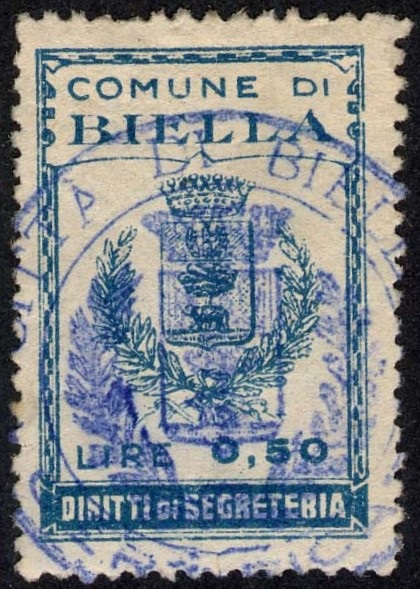 Marca da Bollo del Comune di BIELLA su Carta Bianca di dimensioni 22 X 33 mm