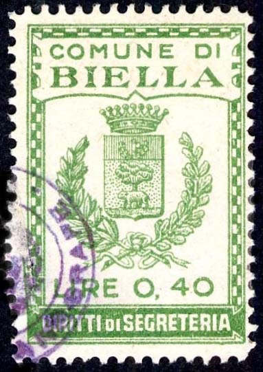 Marca da Bollo del Comune di BIELLA su Carta Bianca di dimensioni 22 x 32,5 mm